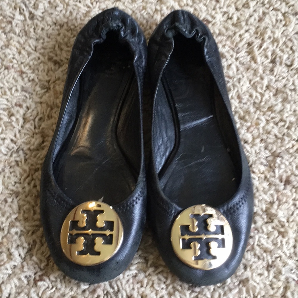 Tory Burch Black Flats with Gold Logo